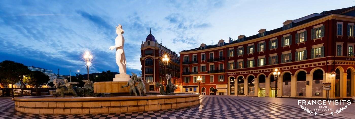 The Fontaine du Soleil on Place Massena in the Morning, Nice, French Riviera, France